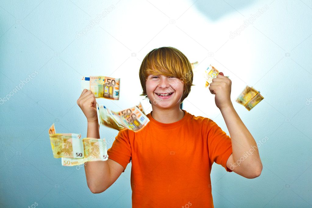 Euros flying around a boys head