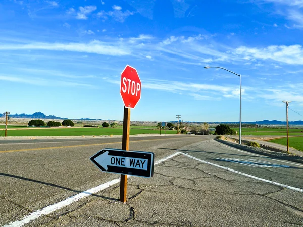 Trafik işareti durdurmak ve tek yön sokak — Stok fotoğraf