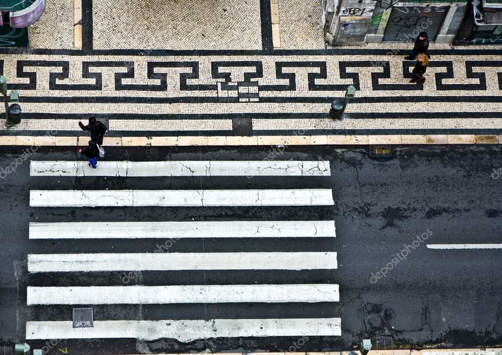 Birds view to a crosswalk in the old part of lisbon, portugal