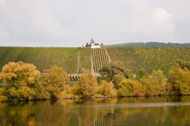 Mosel nehrinin oradaki Trittenheim yakınlarındaki üzüm bağında chappel.