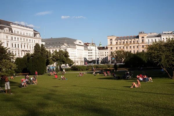 stock image Public green area, lawn for sunbathing is used by from vi