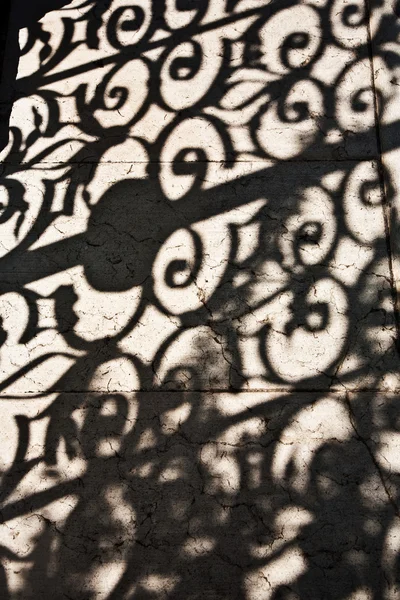Kutego żelaza drzwi na ogród z pięknym cień w pobliżu villa — Zdjęcie stockowe