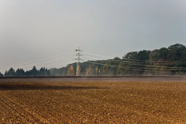 Mast wird bei nebligem Wetter in schöner Landschaft mit Hektar aufgestellt — Stockfoto