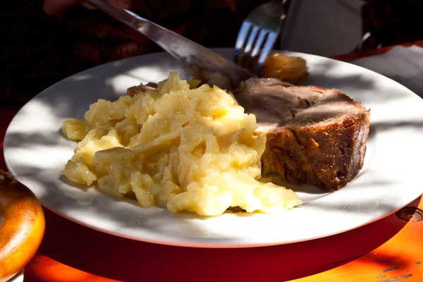 stock image Typical bavarian food in the beergarden in cloister of Andechs