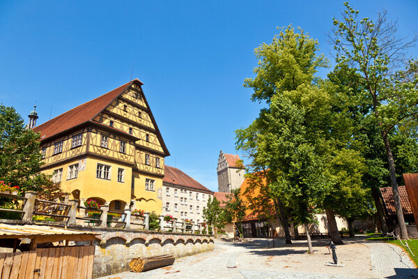 Historic half-timbered house in romantic medieval town of Dinkelsbuehl in Bavaria, Germany.