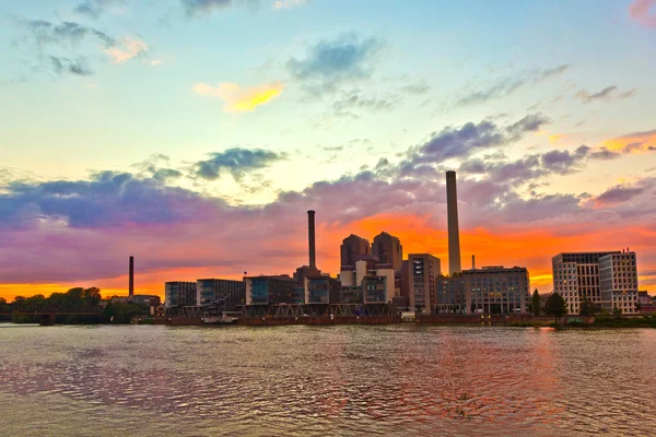 stock image Sunset with cityview of Frankfurt with river Main