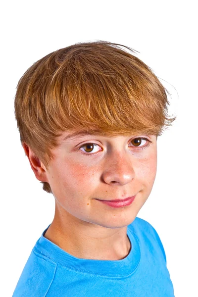 Portret szczęśliwy chłopiec z niebieską koszulę w studio — Zdjęcie stockowe