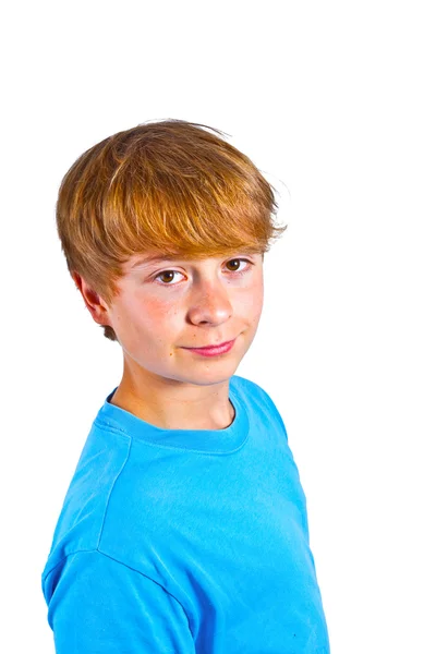 Studio mavi gömlek ile mutlu çocuk portresi — Stok fotoğraf