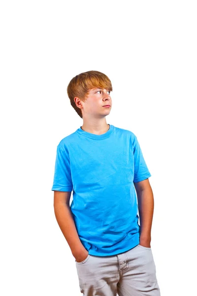 Retrato de menino feliz com camisa azul no estúdio — Fotografia de Stock