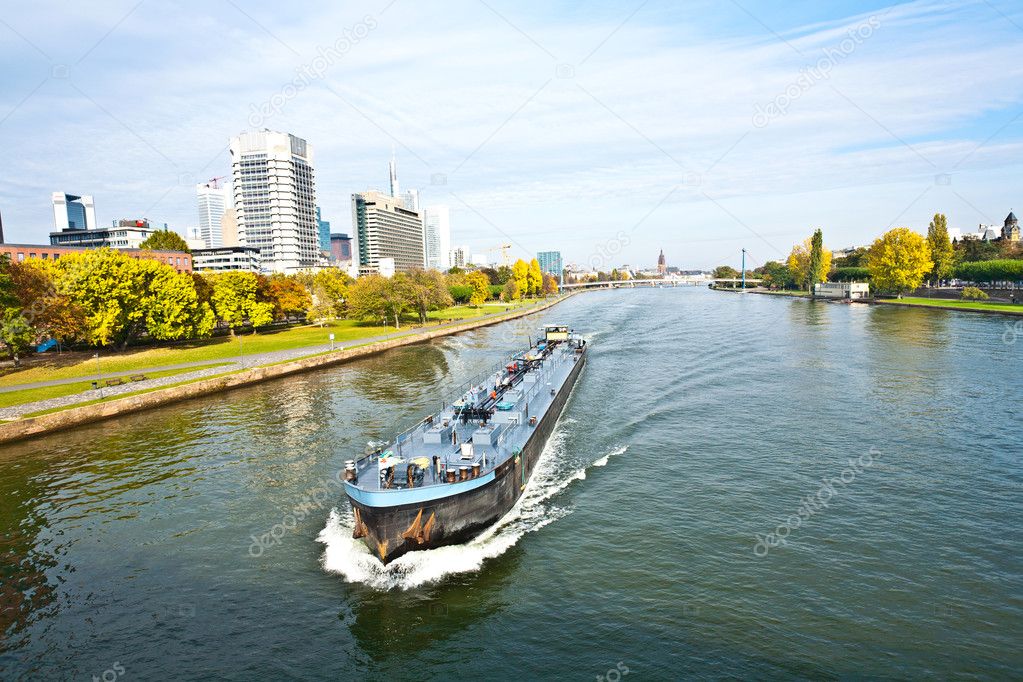 Freight ship on the river Main in Frankfurt