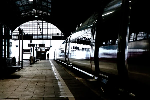 Comboio de alta velocidade na estação no inverno — Fotografia de Stock