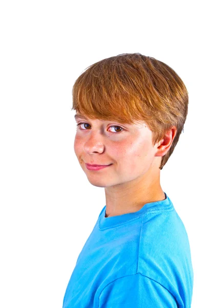 Retrato de menino feliz com camisa azul no estúdio — Fotografia de Stock