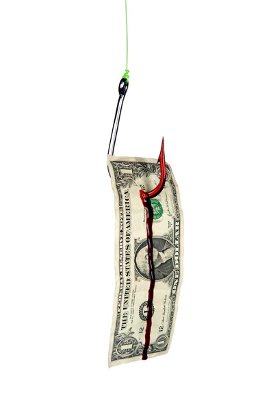 Olta kancası ve kanlı dolarlık banknot — Stok fotoğraf