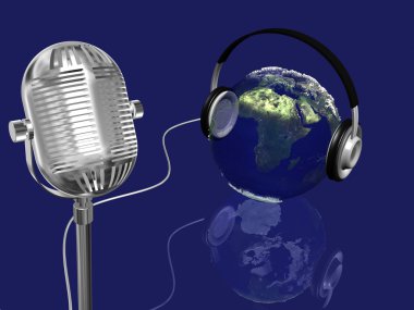 Earth with bumps and grids,headphones and vintage microphone clipart