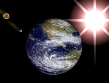 3D güneş sistemi, dünya, ay, Venüs ve güneş parlaması