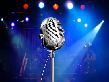 Music background with vintage microphone and concert clipart