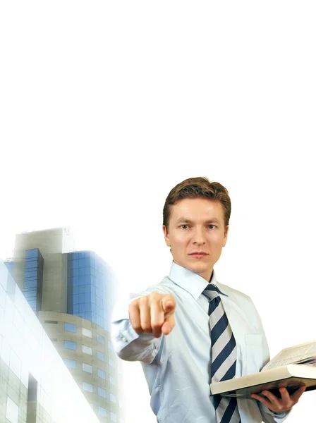 Affärsman försöker påtvinga, ung advokat med corporate Bygg — Stockfoto