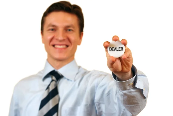 Podnikatel drží prodejce znamení, Ořezová cesta zahrnuté — Stock fotografie