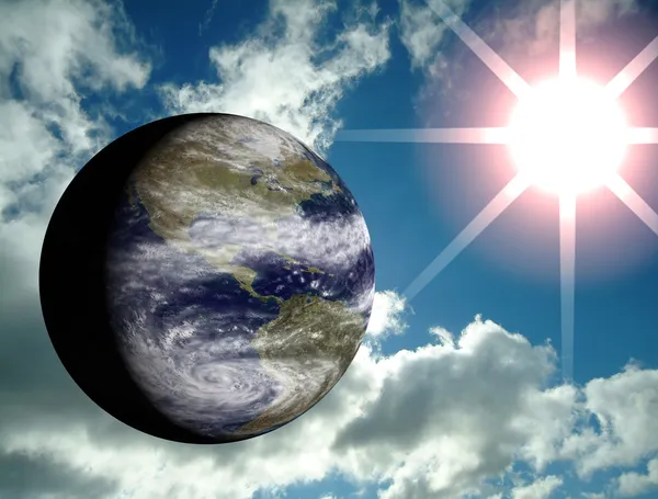 Terra 3D com céu azul e brilho da lente solar no fundo — Fotografia de Stock