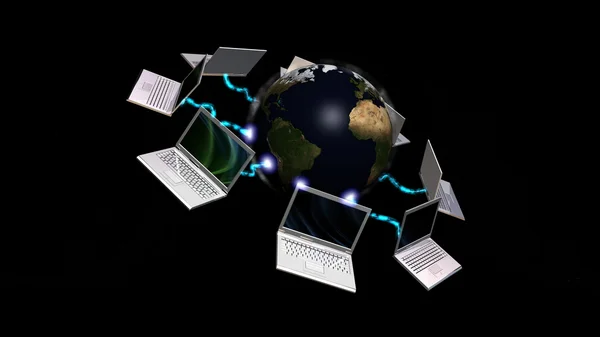 Laptops connected to planet Earth — Stock Photo, Image