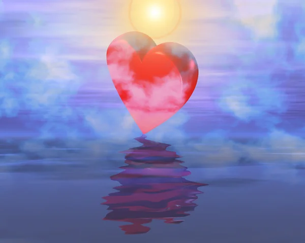 Reflexão do coração no céu nebuloso do pôr do sol — Fotografia de Stock