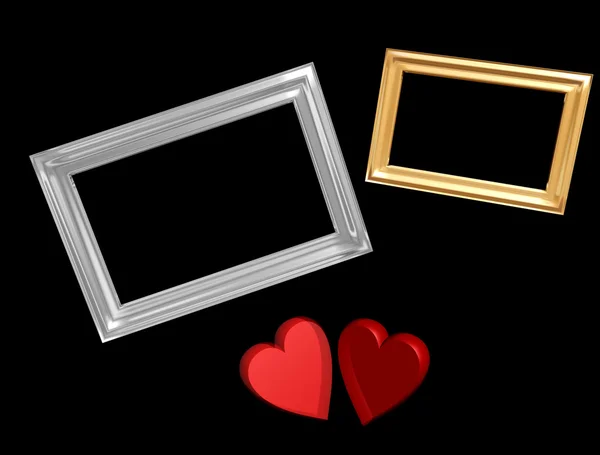 Silver and gold frames with red semitransparent hearts — Stock Photo, Image