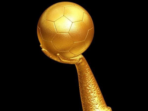 Main d'or tenant un ballon de football, une carte de bosse et des rayures — Photo