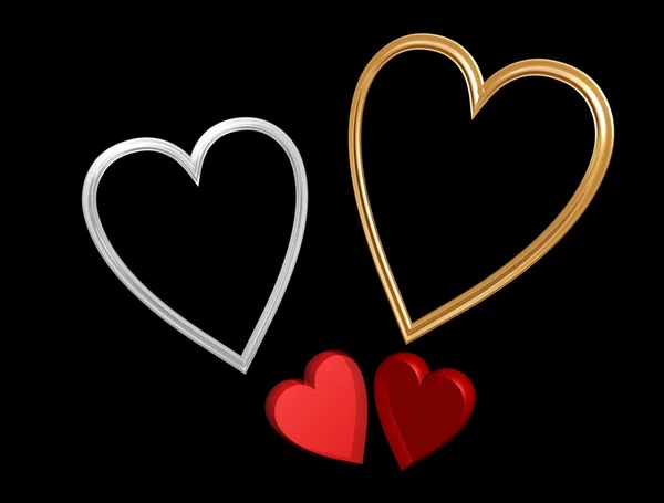 Stříbrné a zlaté srdce tvaru rámce s červeným Poloprůhledný srdce — Stock fotografie
