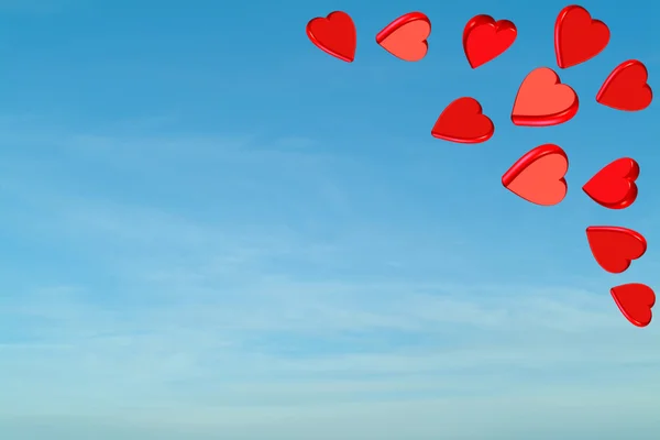 การ์ดวาเลนไทน์ที่มีหัวใจสีแดงบนมุมและท้องฟ้าสีฟ้าบนพื้นหลัง — ภาพถ่ายสต็อก