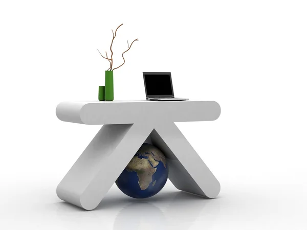 Nowoczesny k biały biuro z laptopa na biurko i ziemi glob — Zdjęcie stockowe
