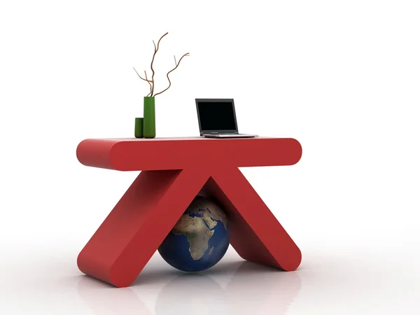 Laptop Masası ve dünya küre ile modern kırmızı k ofis — Stok fotoğraf