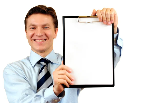 Uomo d'affari in possesso di un blocco appunti vuoto, percorso di ritaglio incluso — Foto Stock