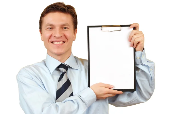 Uomo d'affari in possesso di un blocco appunti vuoto, percorso di ritaglio incluso — Foto Stock