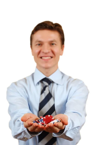 Biznesmen posiadający żetony do gry, ścieżkę przycinającą — Zdjęcie stockowe