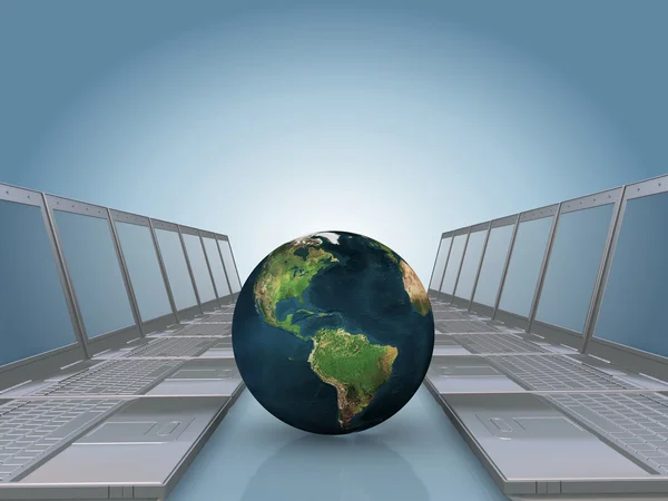 Laptop koridor ile dünya Küre — Stok fotoğraf