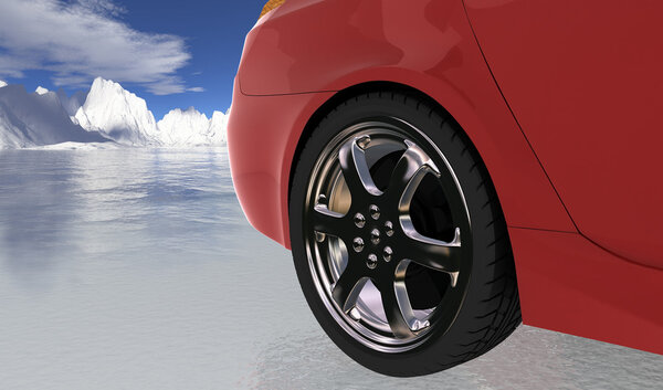 Red sport car on thin ice , rear wheel