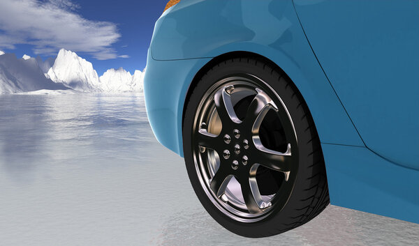 Blue sport car on thin ice , rear wheel