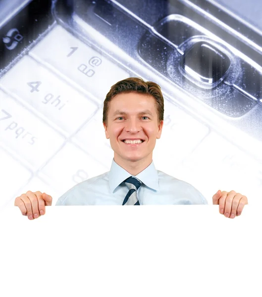 Jonge zakenman houden een wit bord — Stockfoto