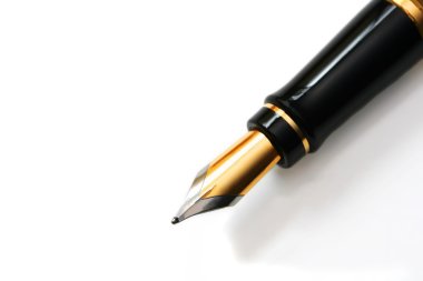 Closeup of gold-nibbed fountain pen over white. clipart