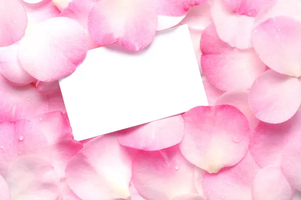 Geschenkkarte auf rosa Blütenblättern — Stockfoto