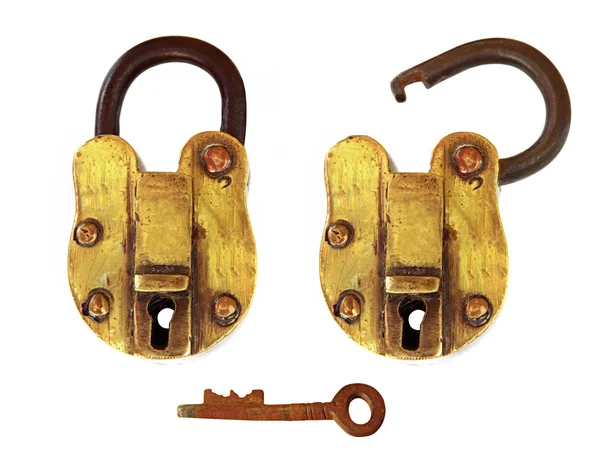 复古铜锁，打开和关闭 — 图库照片