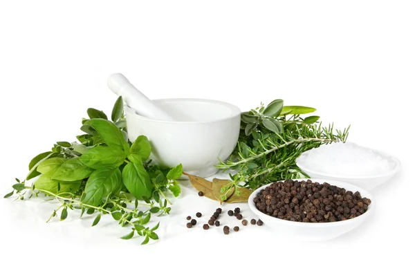 Mortar and Pestle with Herbs and Spices — Stock Photo, Image