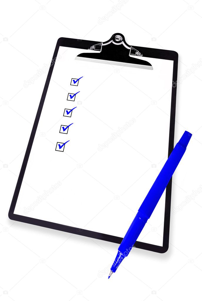 Clipboard with Checklist and Blue Pen
