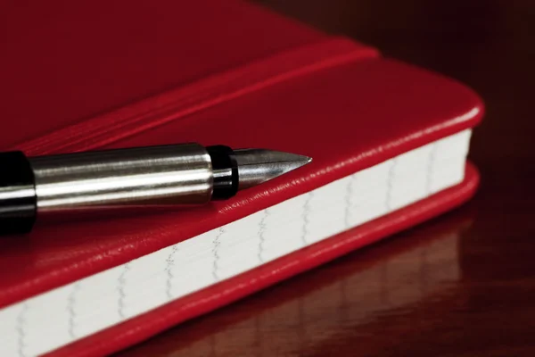 Röda boken och fontän penna — Stockfoto