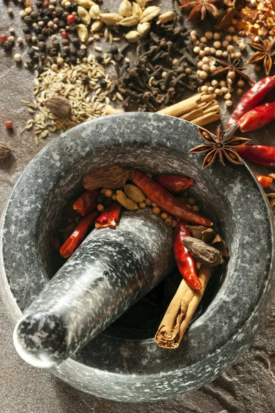 Kryddor med mortel och stöt — Stockfoto