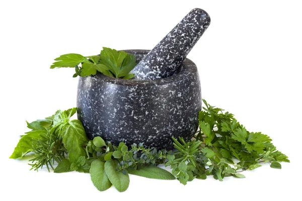 Granite Mortar and Pestle with Herbs — Stock Photo, Image