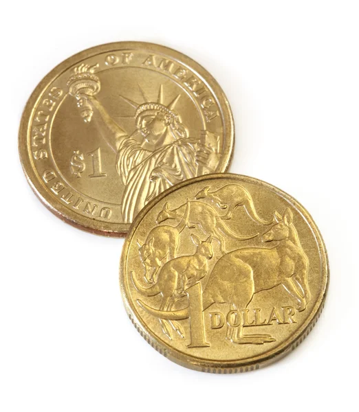 Monedas de Dólar Australiano y Americano — Foto de Stock