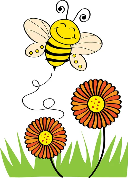 꽃 위에 비행 하는 행복 한 벌 — 스톡 벡터
