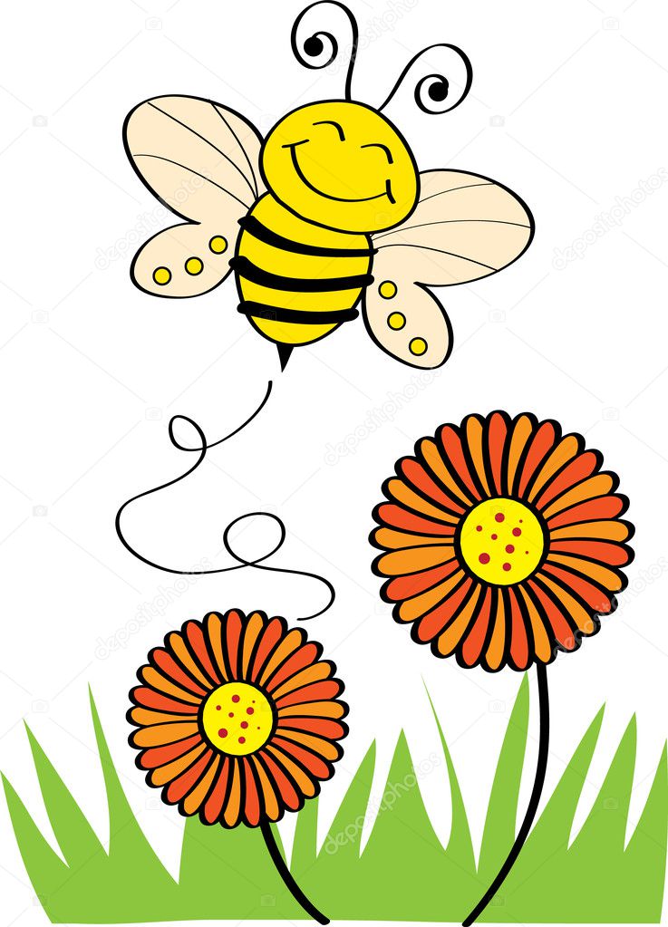 Happy bee flying on top of flower