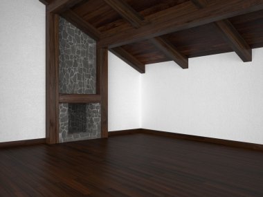 Empty living room with fireplace and roof beams clipart